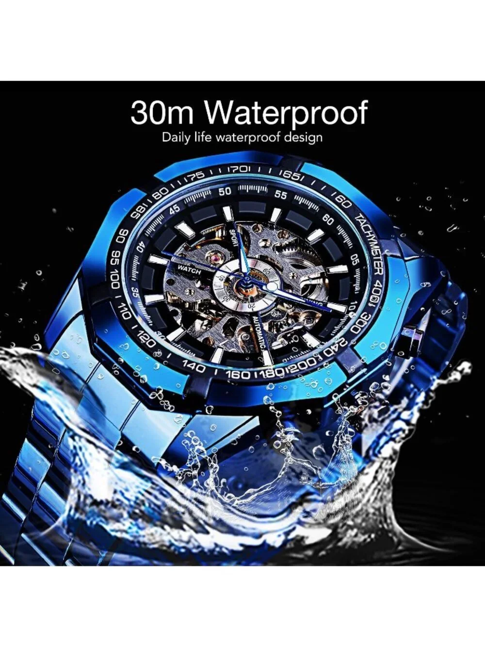 Men's Blue Black Self-Wind Skeleton Hollow Out Mechanical Automatic Luxury Watch